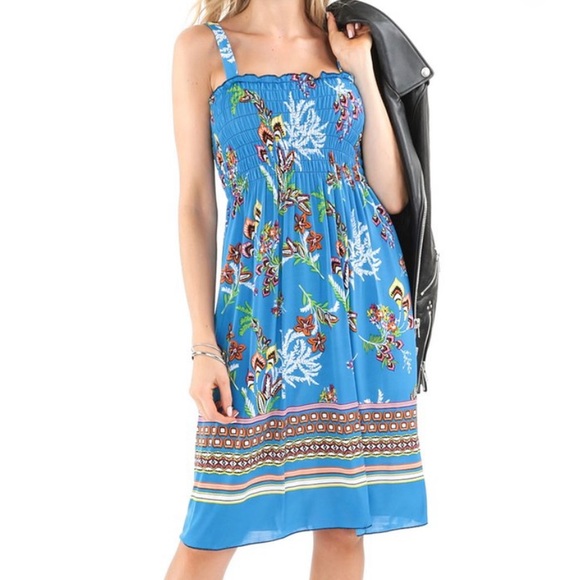 Royal Blue Floral Smocked Dress, M - Picture 2 of 5